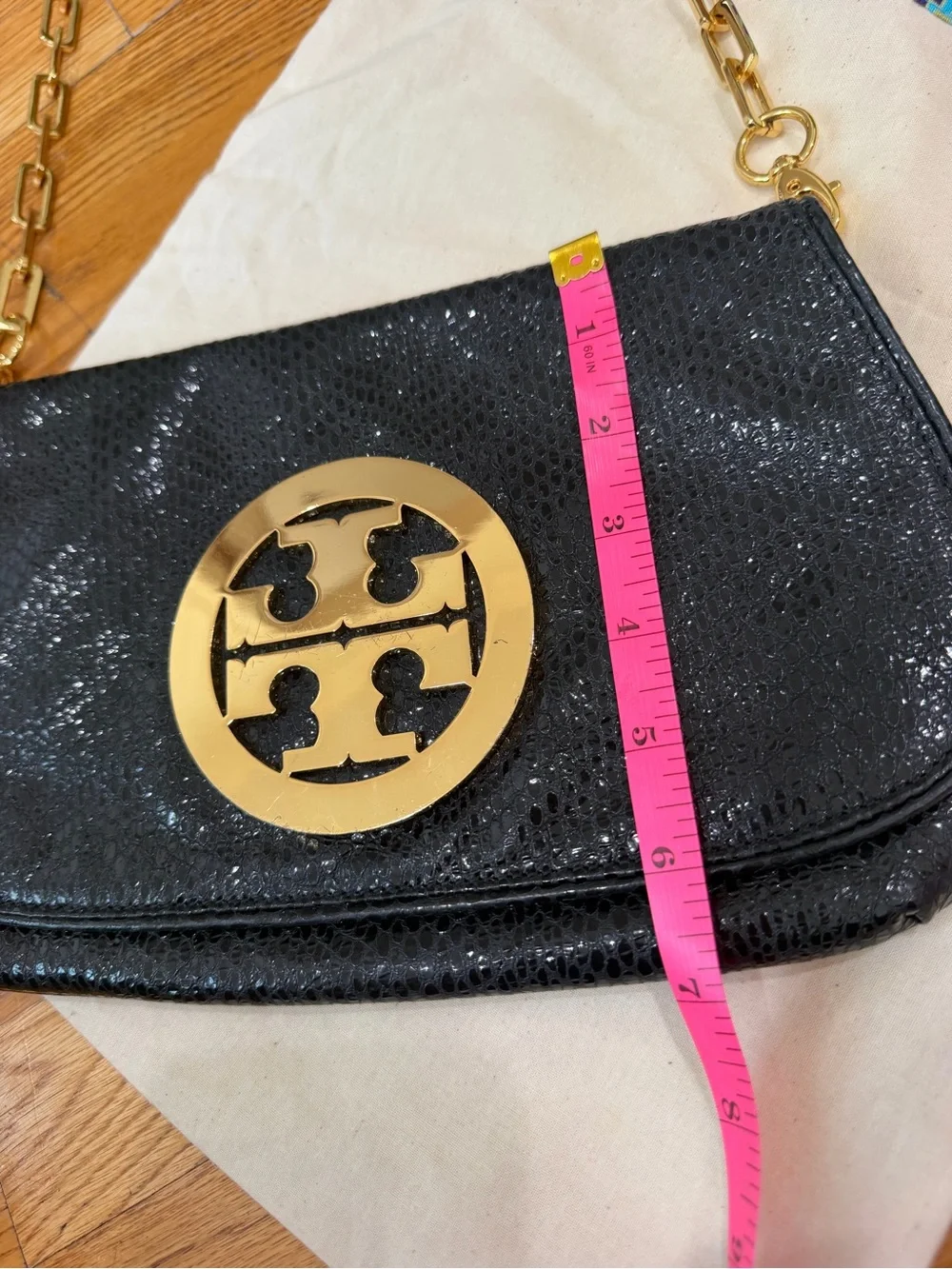 Tory Burch Reva Black Snake Embossed Clutch Crossbody Gold Chain